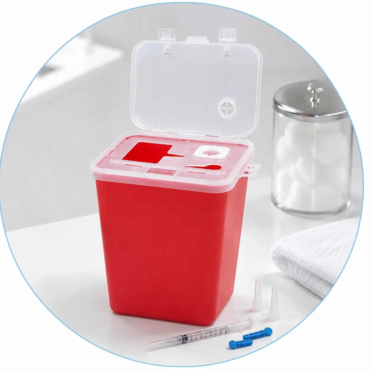 Compact red 1L sharps container shown beside diabetes testing supplies