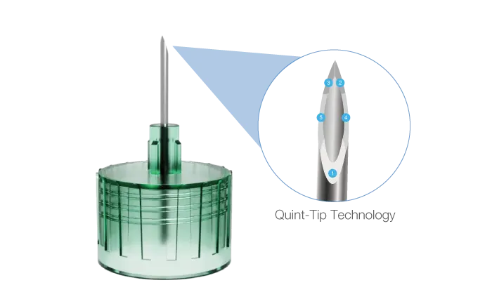 5-bevel insulin pen needle showing multi-bevel needle tip geometry