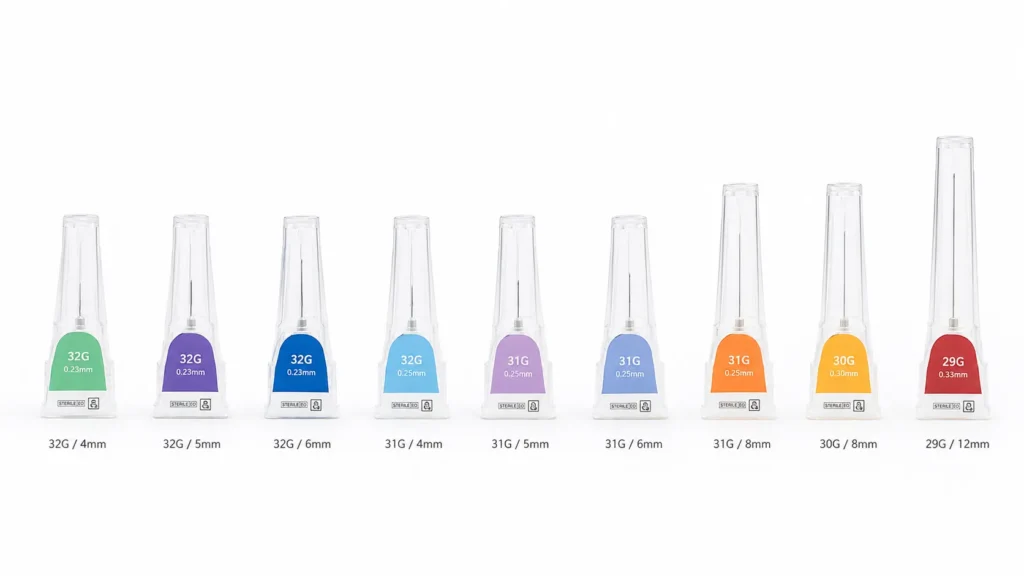 5-bevel insulin pen needle size options from 29G to 32G and 4 mm to 12 mm