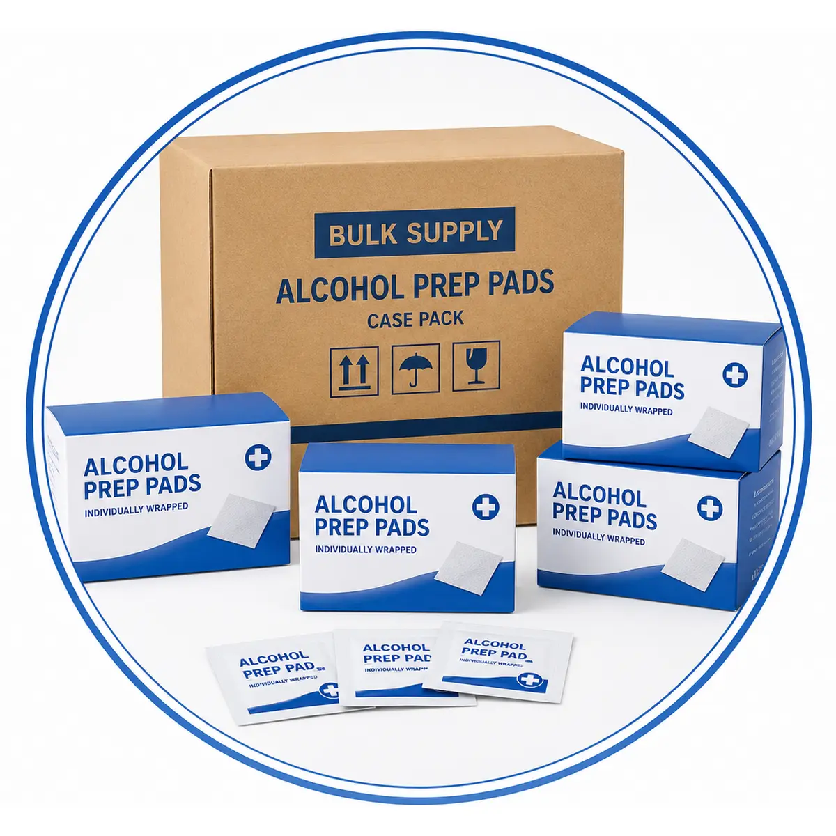 Alcohol prep pads in bulk box and case pack configurations