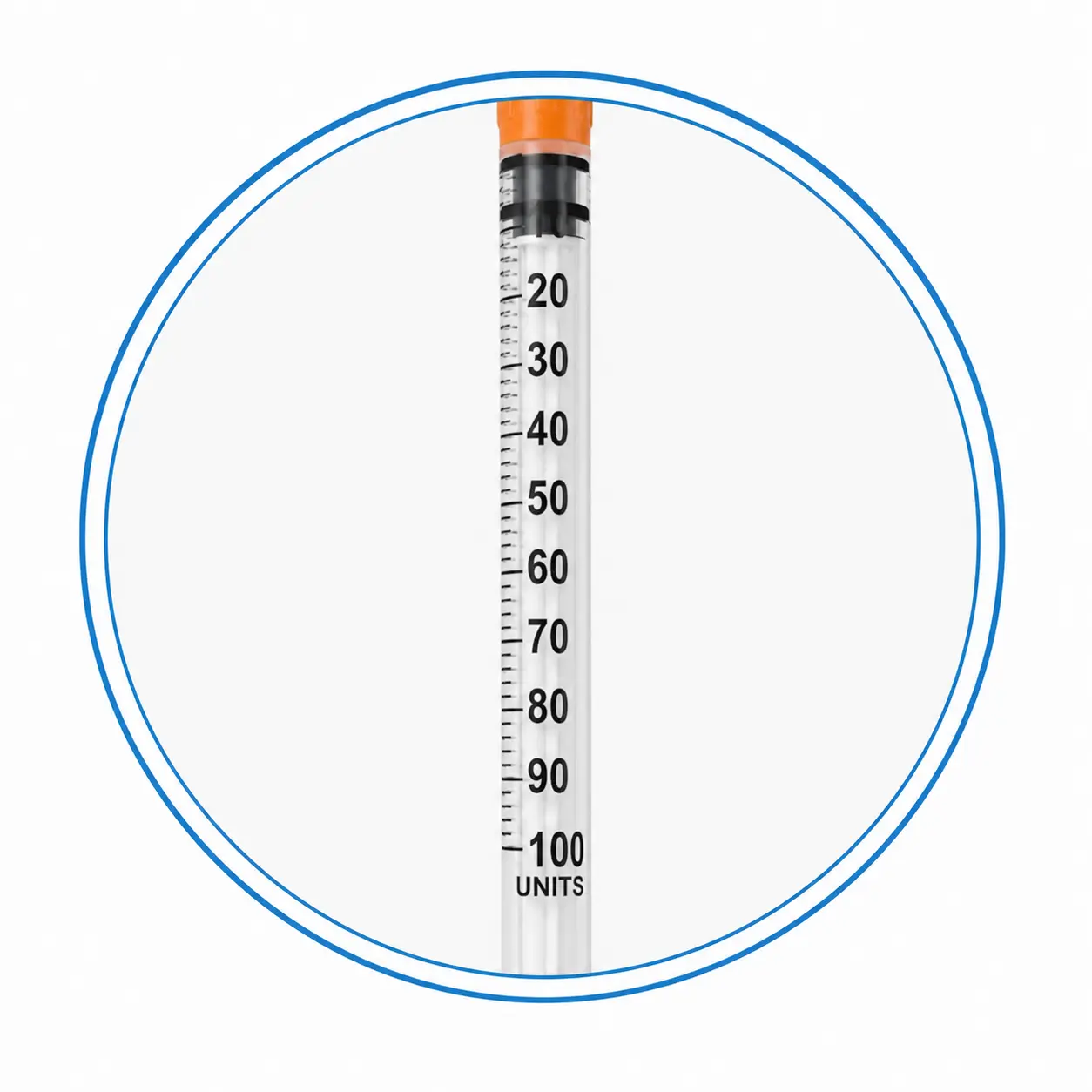 Scale markings on 1 mL insulin syringe barrel