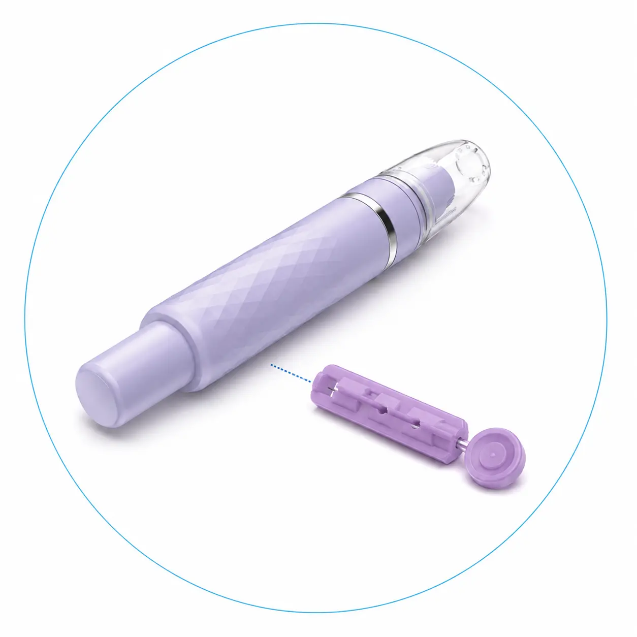 Purple lancing device shown with a compatible twist-cap lancet
