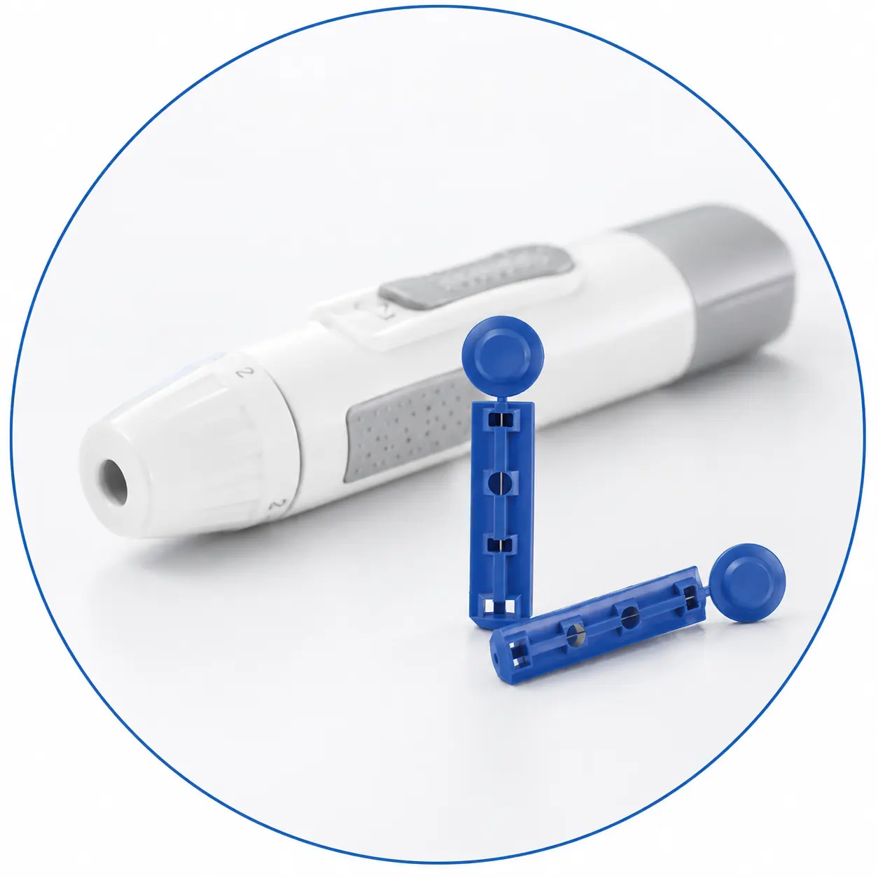 Twist-cap blood lancets shown with a reusable lancing device
