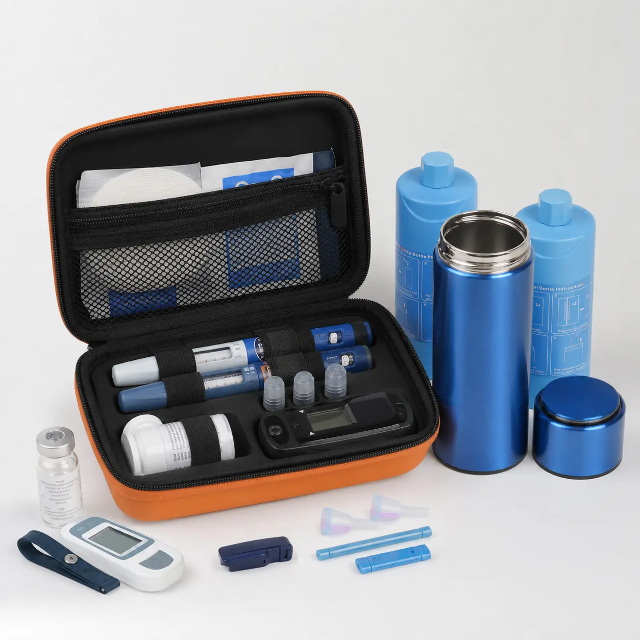 Insulin cooling cups, travel cases and cooling inserts shown in multiple configurations