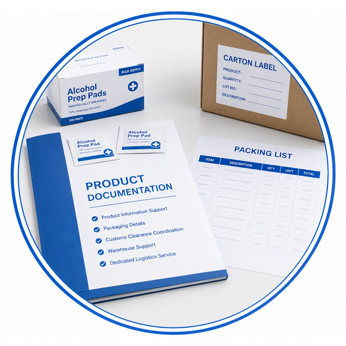 Alcohol prep pad product documentation, packing list and carton label for bulk supply
