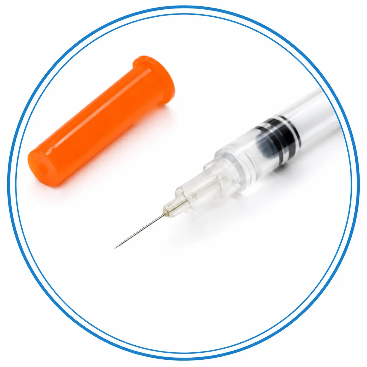 Needle and orange cap detail on 0.5 mL insulin syringe