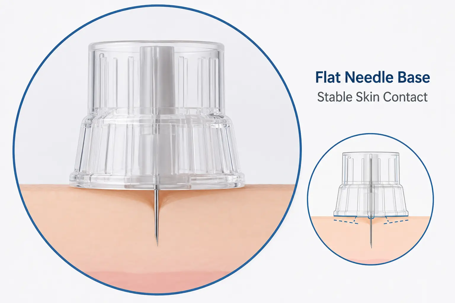 Flat needle base structure on Plus insulin pen needle