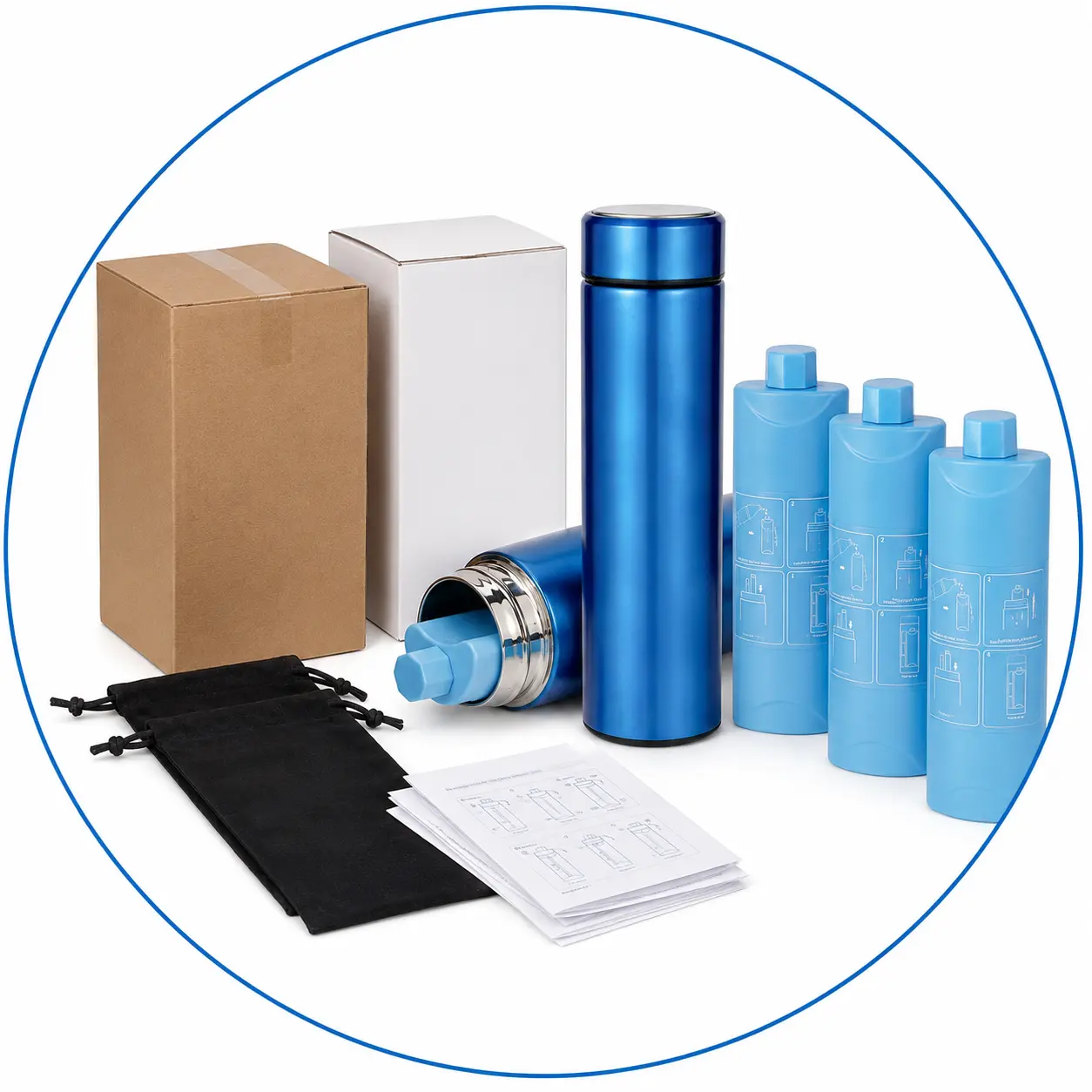 Insulin cooling cup supply set with cooling bottles, packaging boxes, drawstring bags and instructions