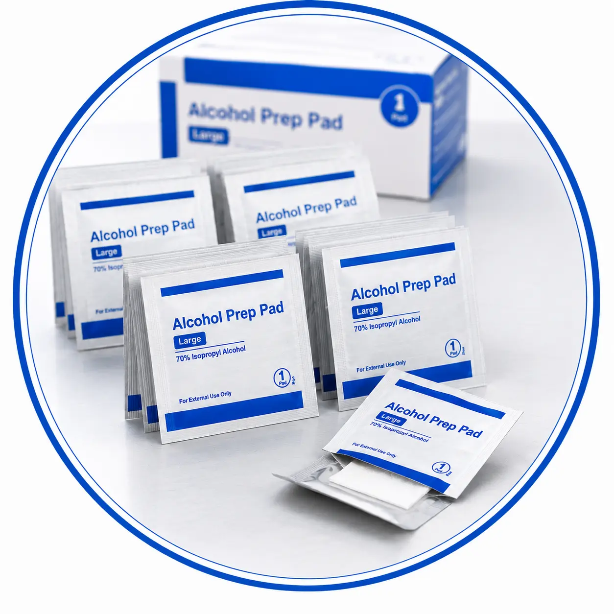 Individually wrapped large alcohol prep pad sachets with product box