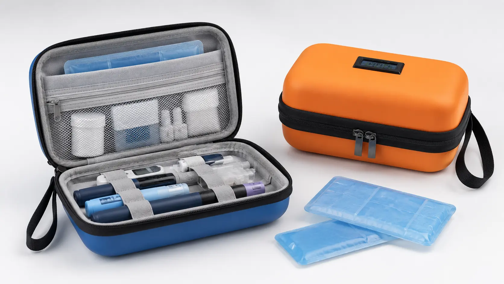 Blue and orange insulin cooler travel cases with reusable cooling packs and organized diabetes supplies