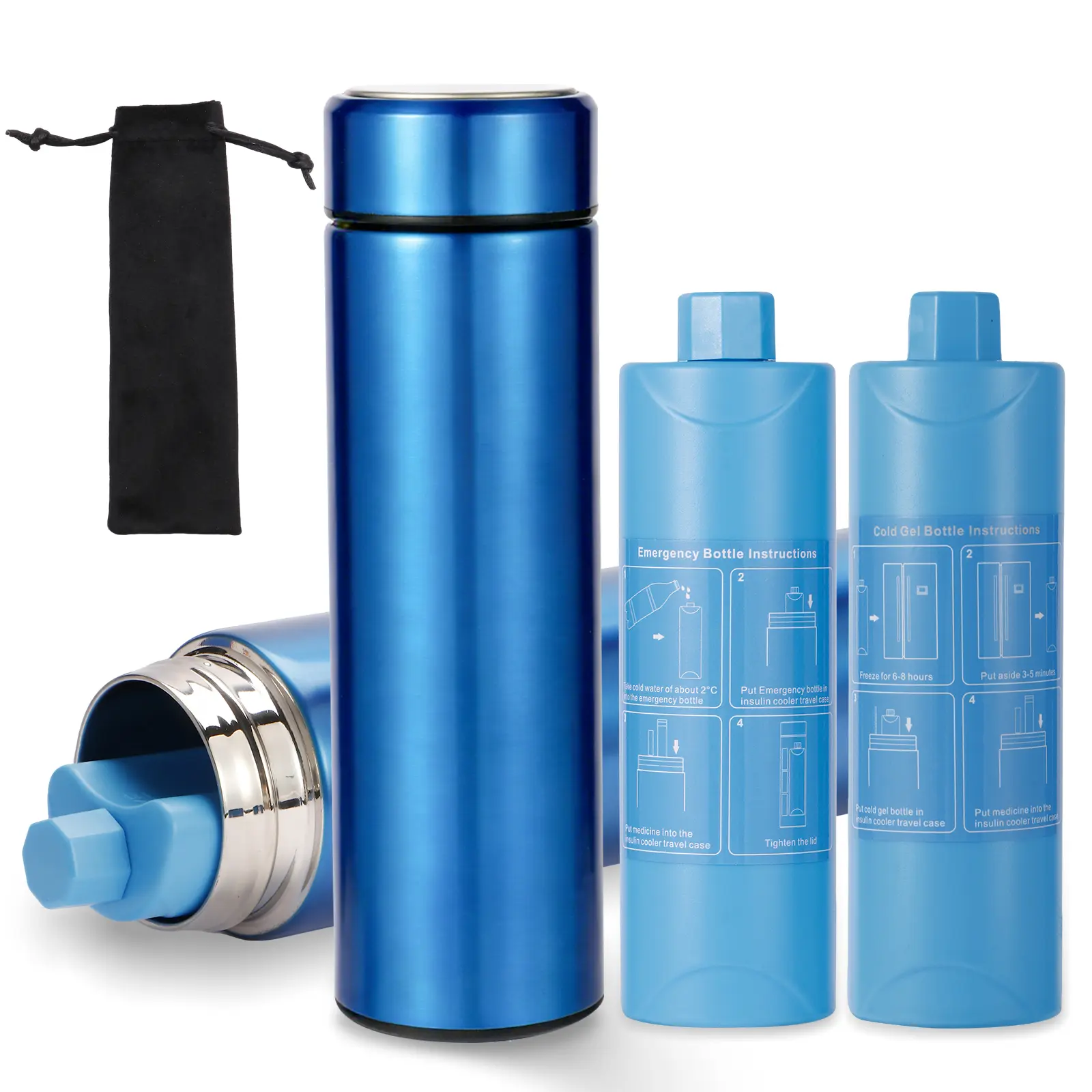 Blue stainless steel insulin cooling cup with cold gel bottle and emergency bottle accessories