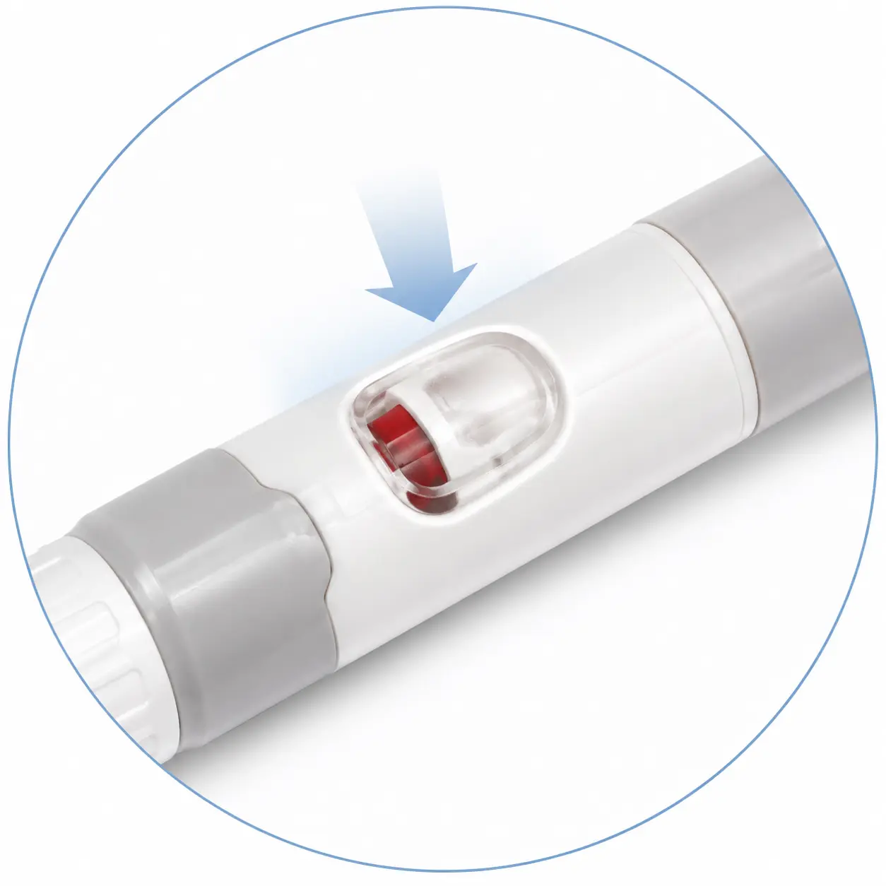 Large activation button on a white reusable lancing device