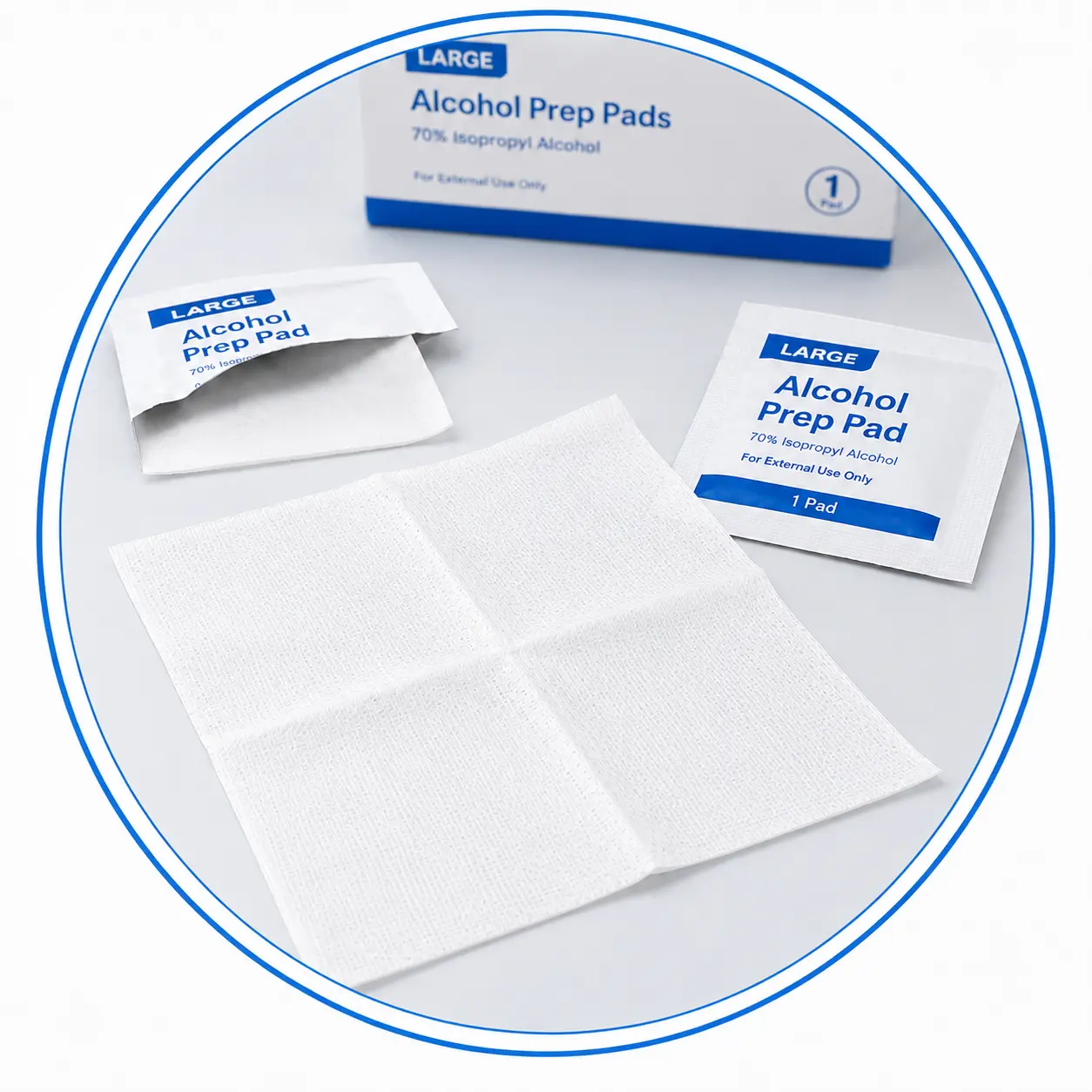 Large alcohol prep pad shown unfolded with individually wrapped packets
