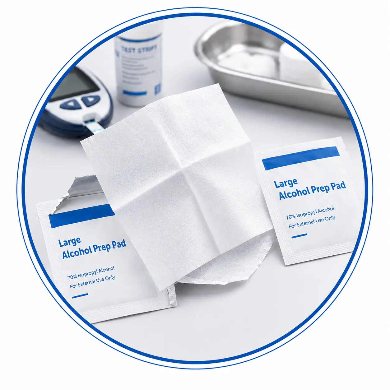 Large alcohol prep pads and packets labeled with 70 percent isopropyl alcohol