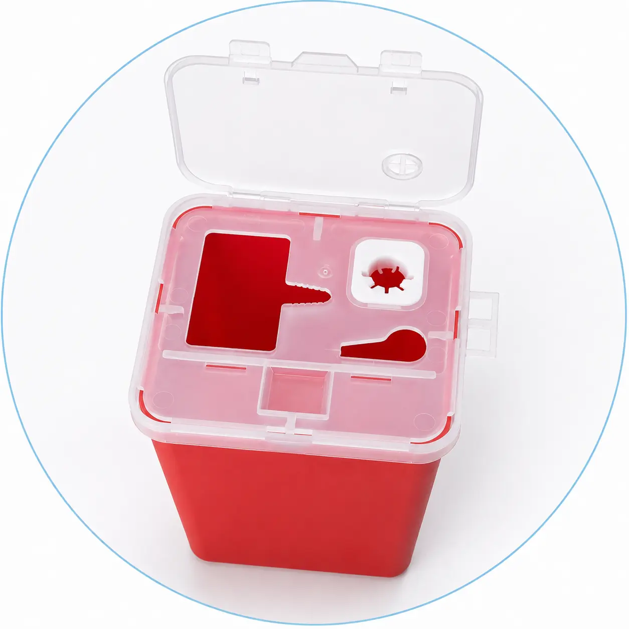 Top view of a 1L sharps container showing multiple disposal openings