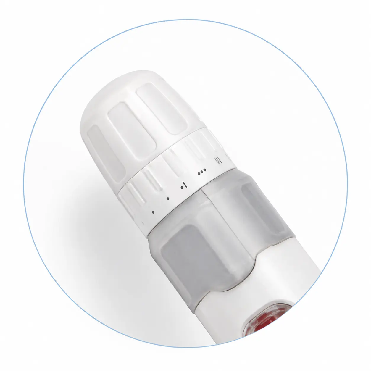 Depth adjustment dial on the white reusable lancing device
