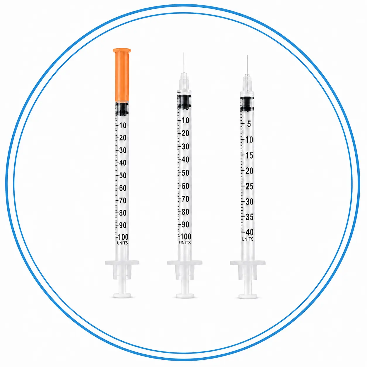 1 mL insulin syringe options showing multiple scale and needle configurations