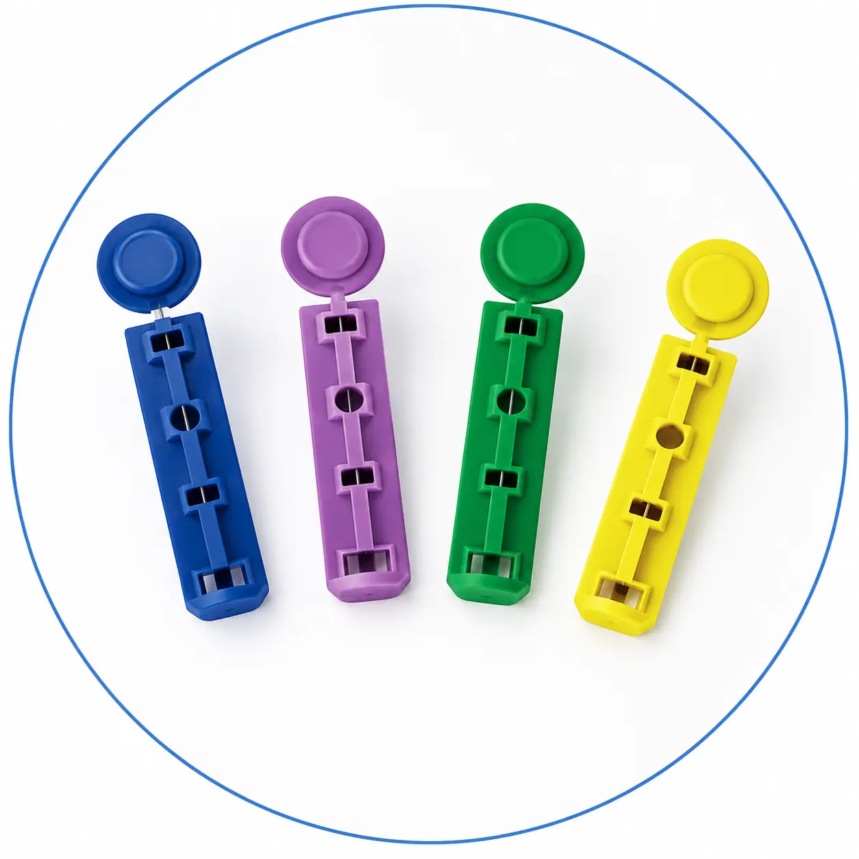 Color-coded blood lancets representing multiple gauge options