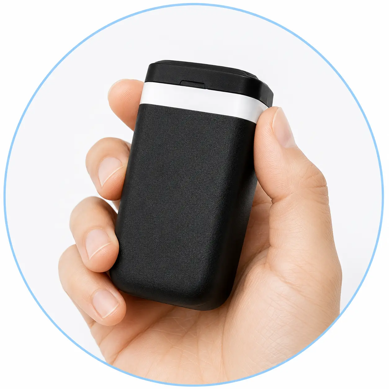 Hand holding a black portable sharps disposal case with frosted surface