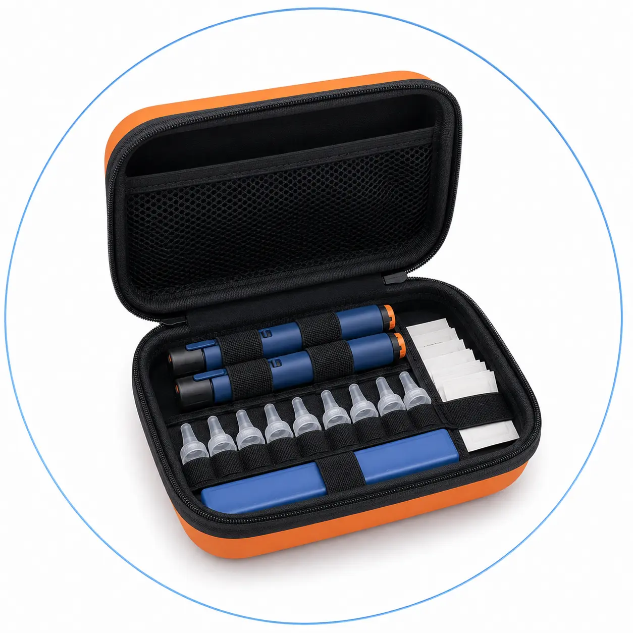Orange insulin cooler travel case organized with insulin pens, pen needles and diabetes care supplies