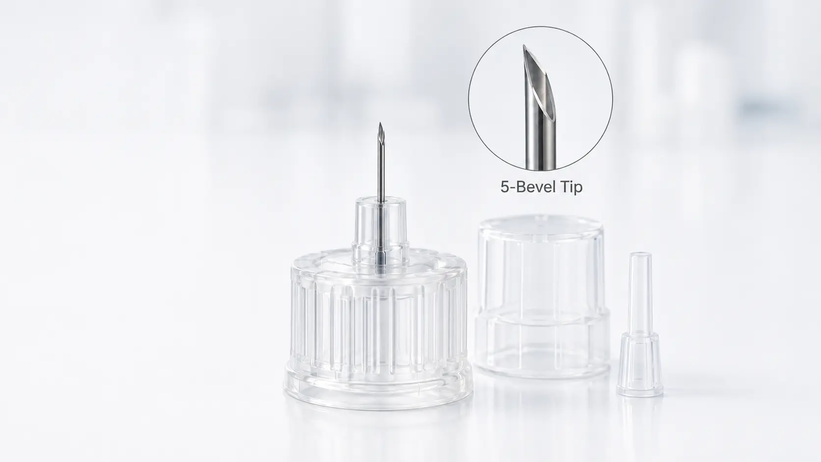 Plus 5-bevel insulin pen needle with multi-bevel tip and Plus structural components
