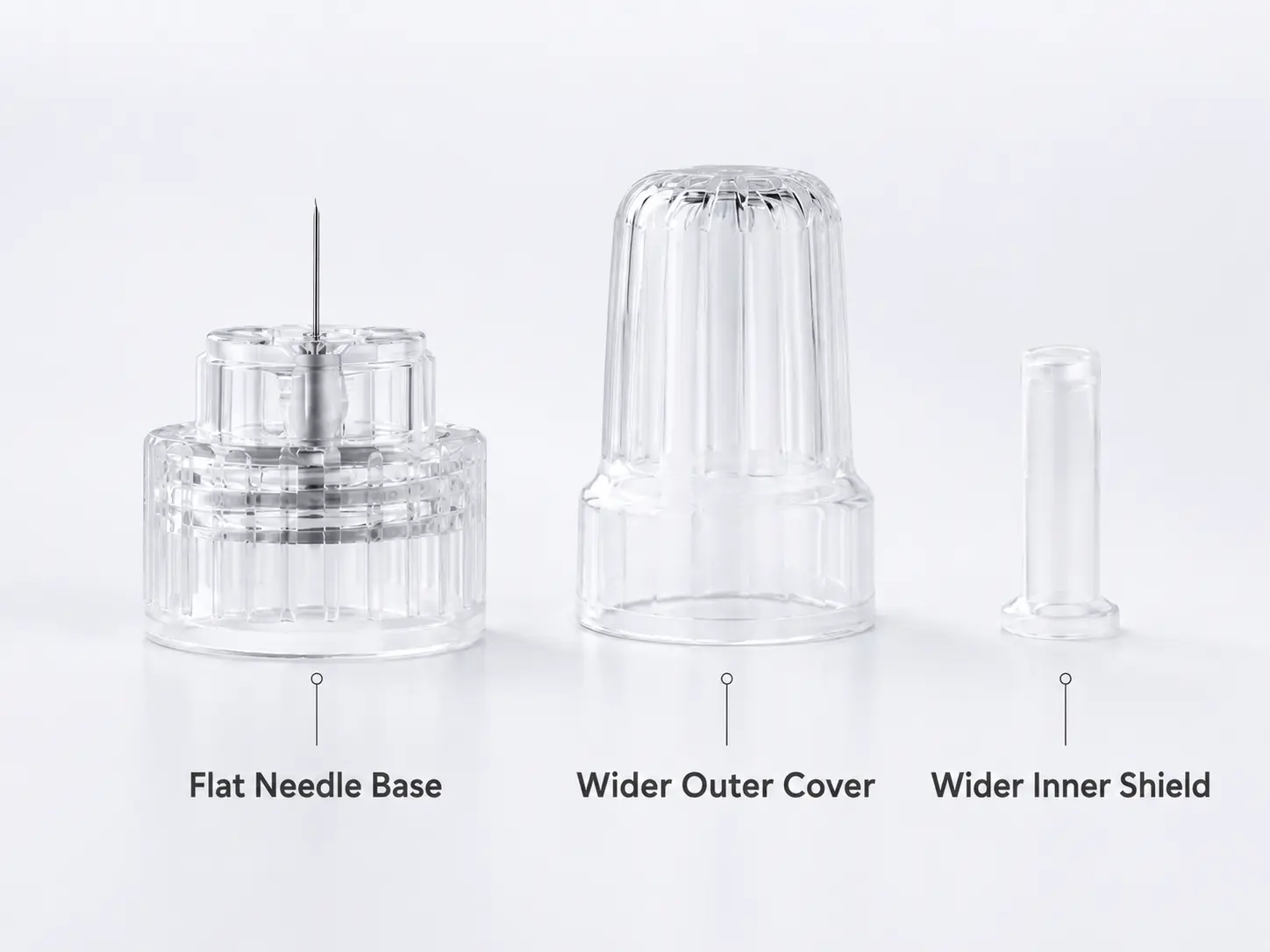 Plus insulin pen needle components showing flat needle base, wider outer cover and wider inner shield