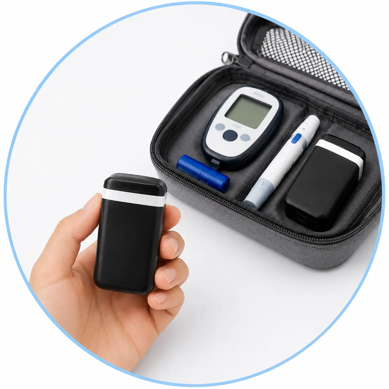 Pocket-size 0.05L portable sharps disposal case shown with a diabetes travel kit