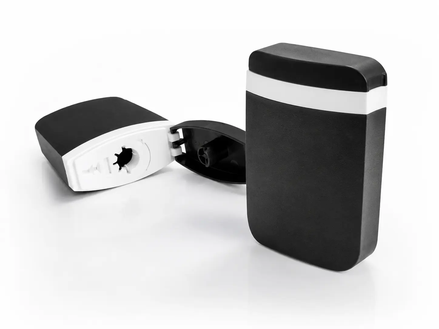 Black and white 0.05L portable sharps disposal case shown open and closed