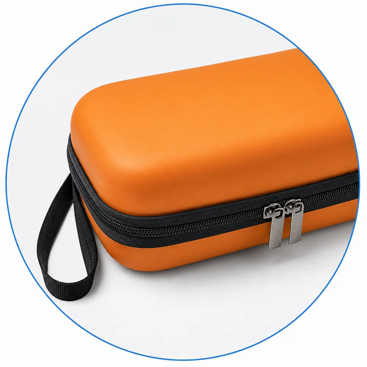 Orange hard-shell insulin cooler travel case with zipper closure and wrist strap