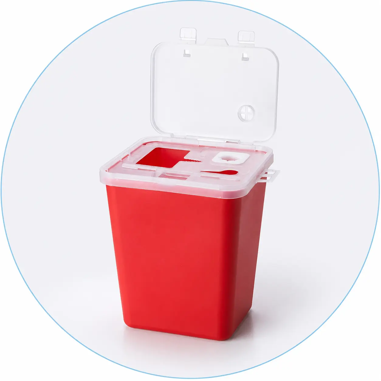 Red 1L sharps container showing the rigid container body and translucent lid