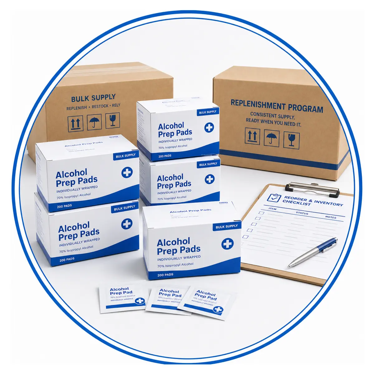 Alcohol prep pad replenishment program with bulk cartons and inventory checklist