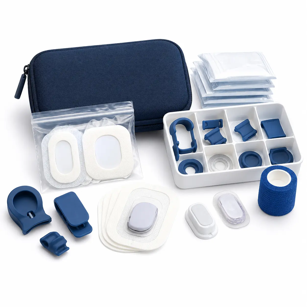 Assorted continuous glucose monitoring accessories, holders, patches and storage supplies