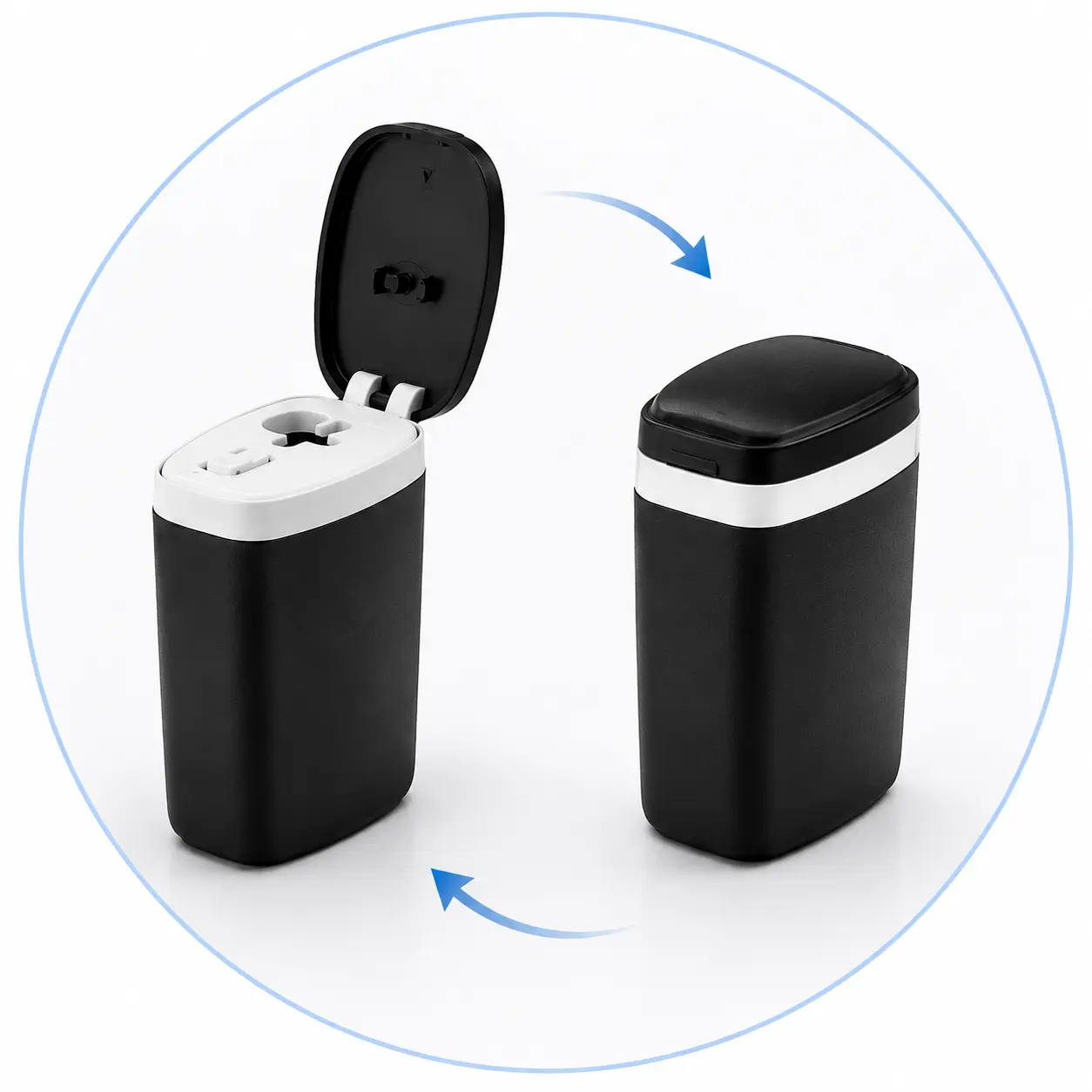 0.05L portable sharps disposal case shown in open and closed positions