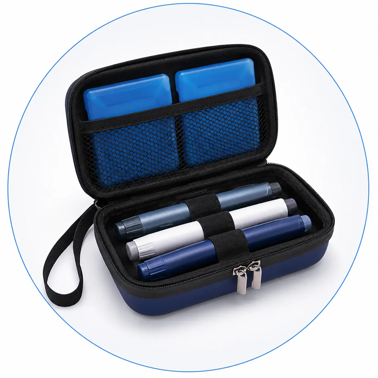 Insulin cooler travel case with reusable cooling packs stored inside the lid