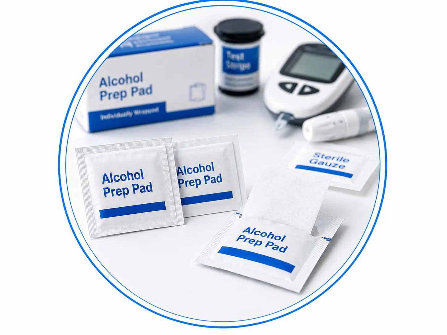 Alcohol prep pads shown with diabetes care and injection support supplies