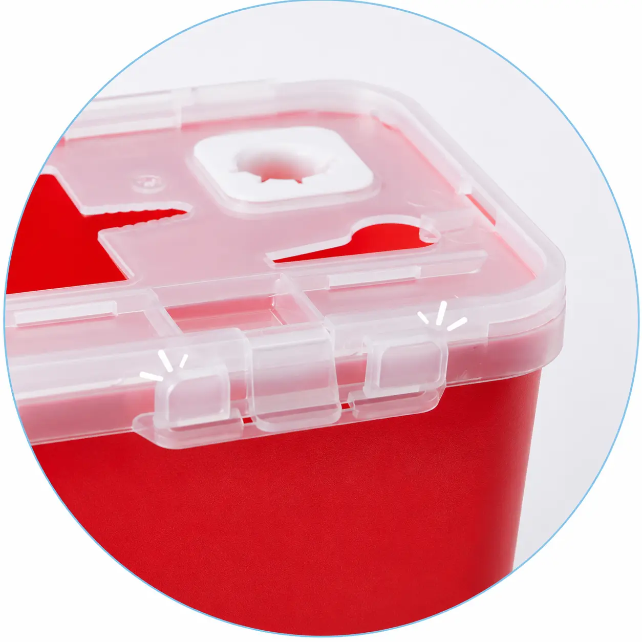 Close view of the locking tabs on a 1L sharps container lid