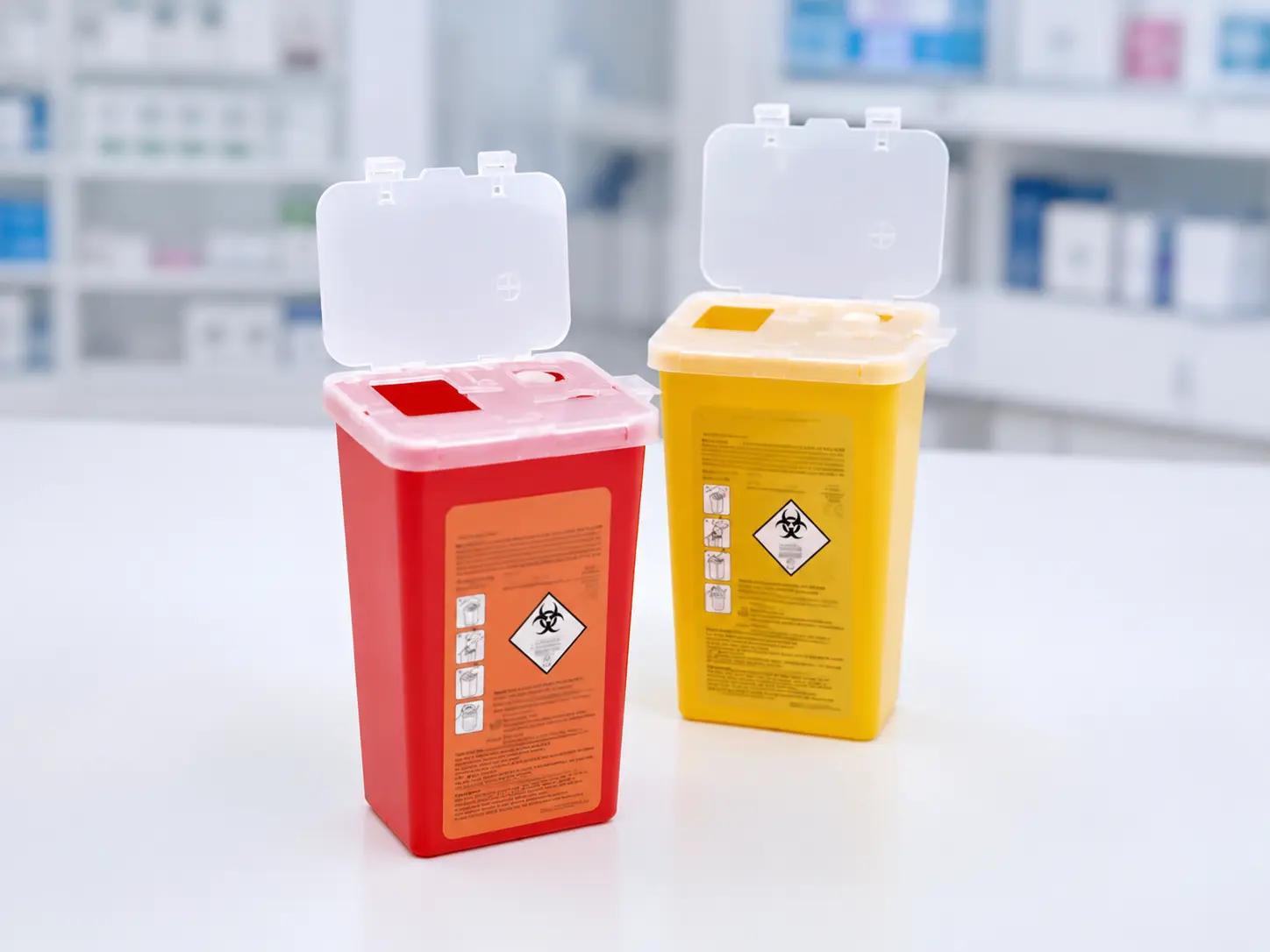 Red and yellow 1L sharps containers with translucent lids