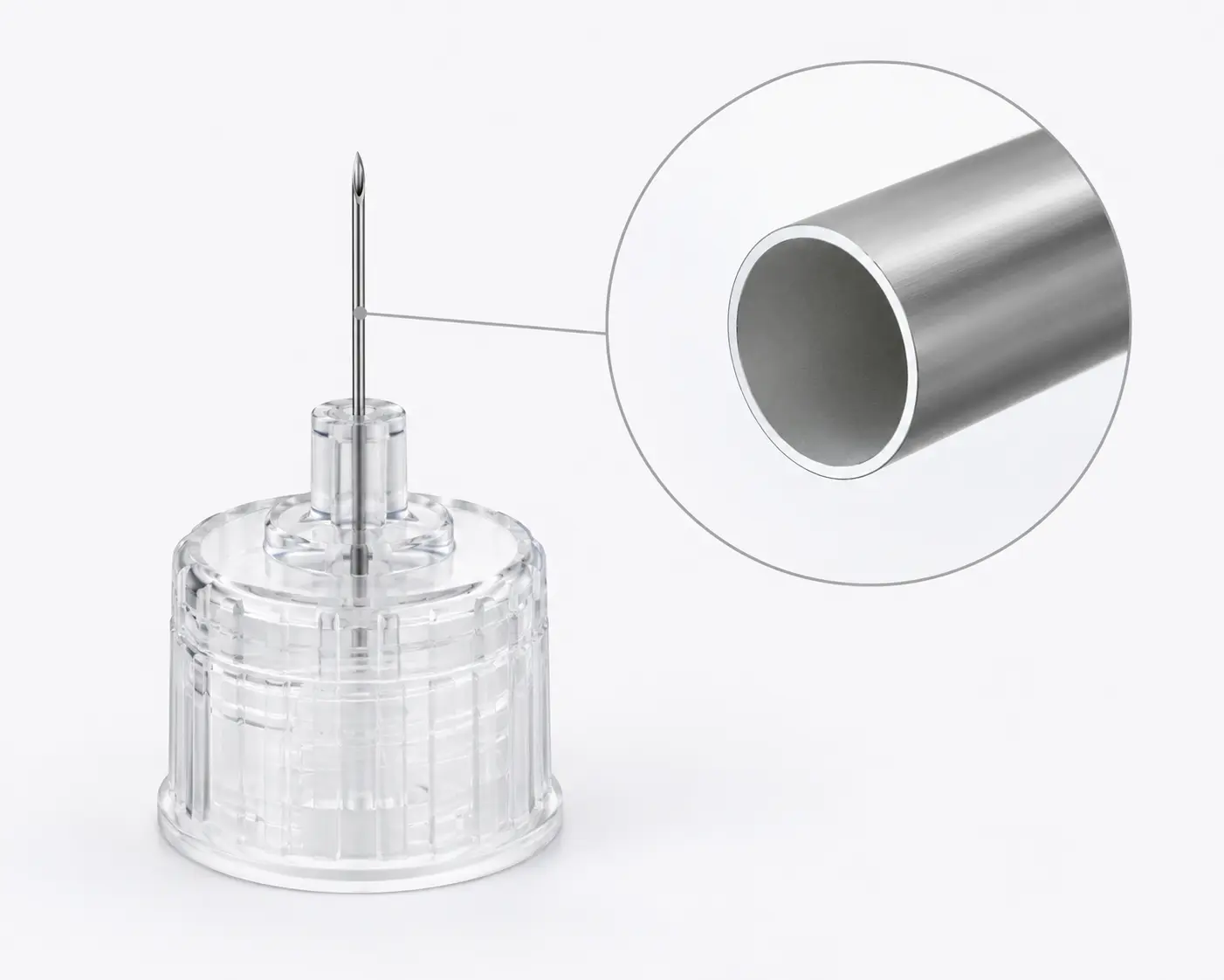 Thin-wall cannula and silicone coating detail on Plus 5-bevel insulin pen needle