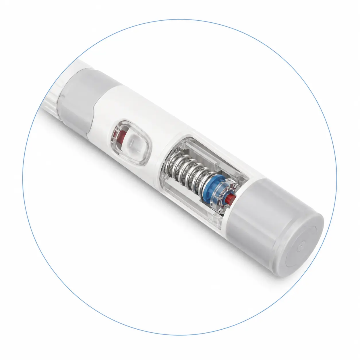 Cutaway view showing the internal spring structure of the white lancing device