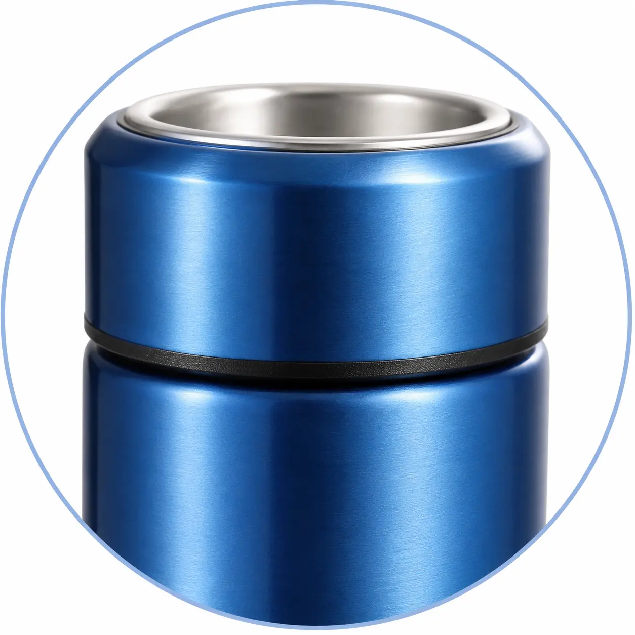 Blue stainless steel insulin cooling cup showing the metal opening and insulated body