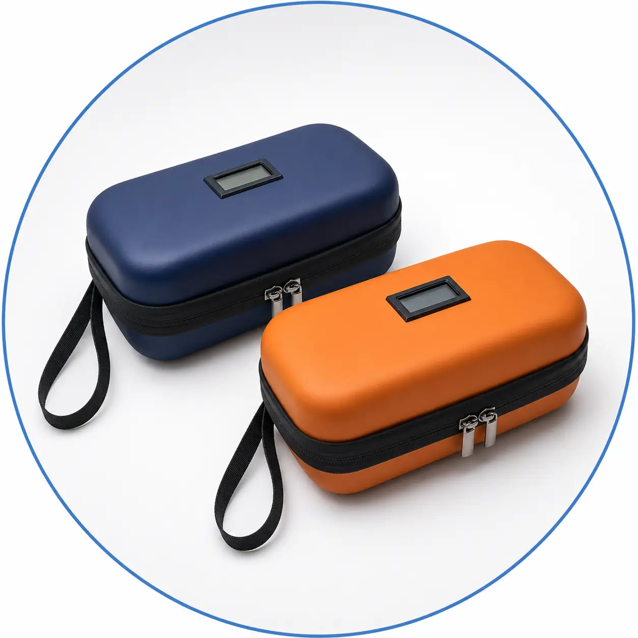 Blue and orange insulin cooler travel cases with external temperature displays
