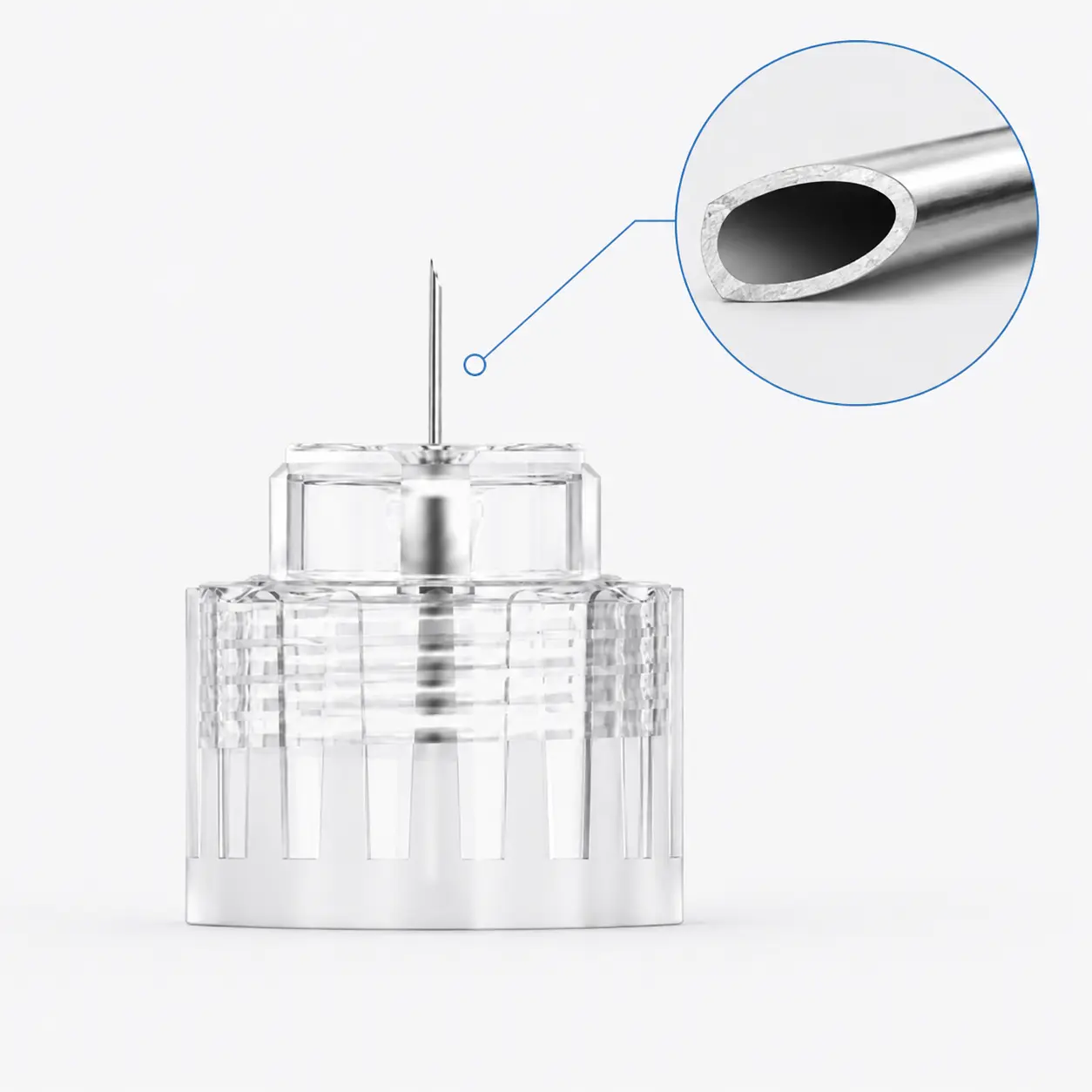 Thin-wall cannula and silicone-coated needle detail on Plus insulin pen needle