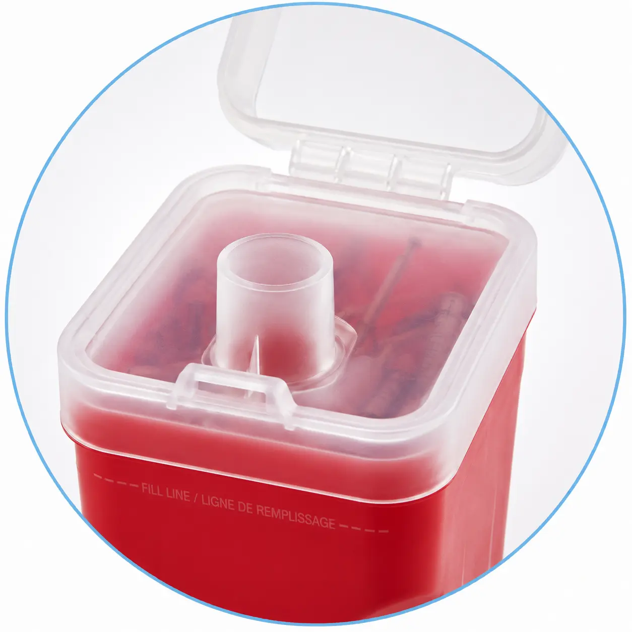 Translucent top and marked fill line on a compact sharps container