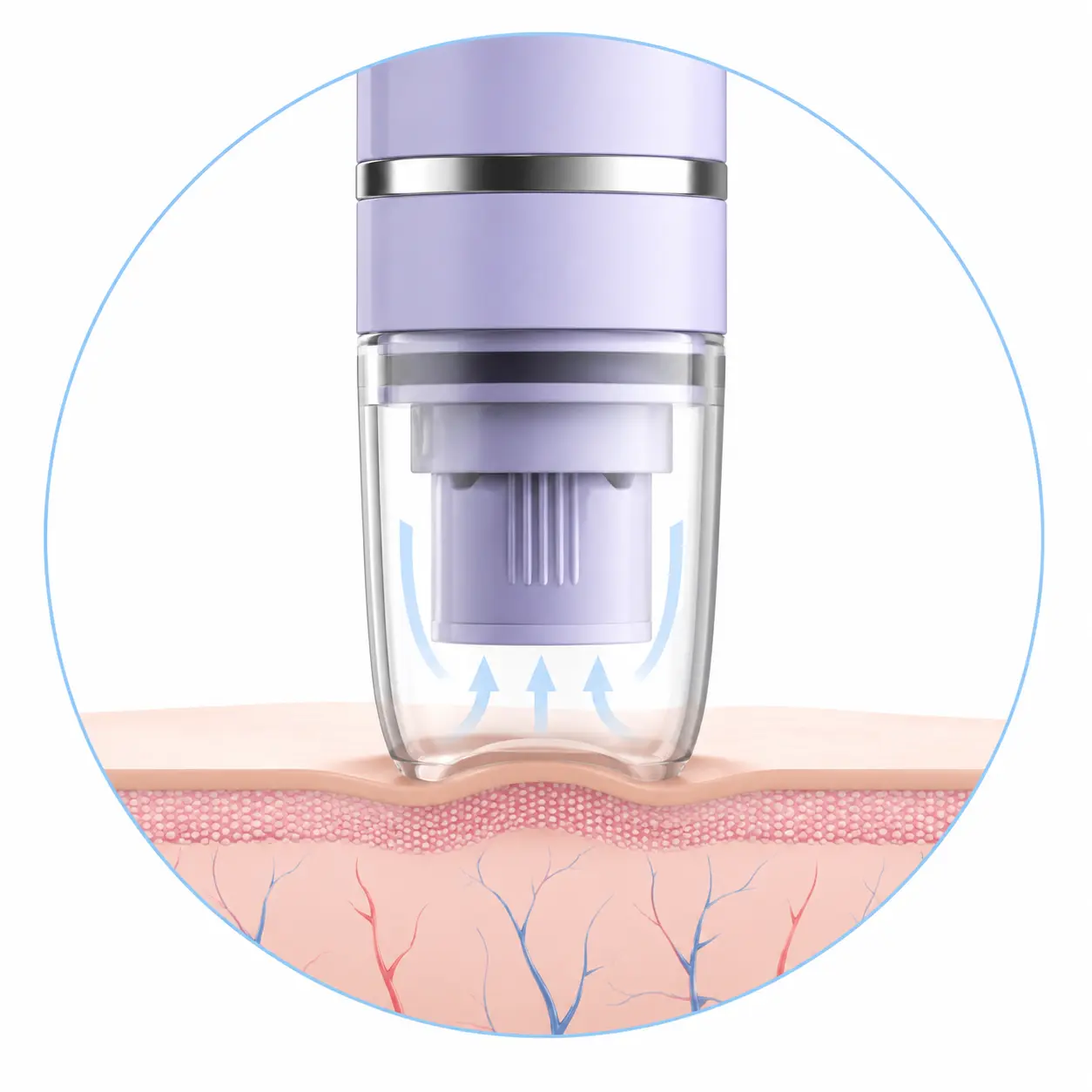 Transparent contact head on a purple lancing device shown in a vacuum-assisted sampling illustration