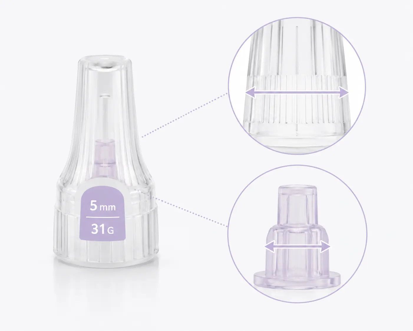 Wider outer cover and inner needle shield on Plus 5-bevel insulin pen needle