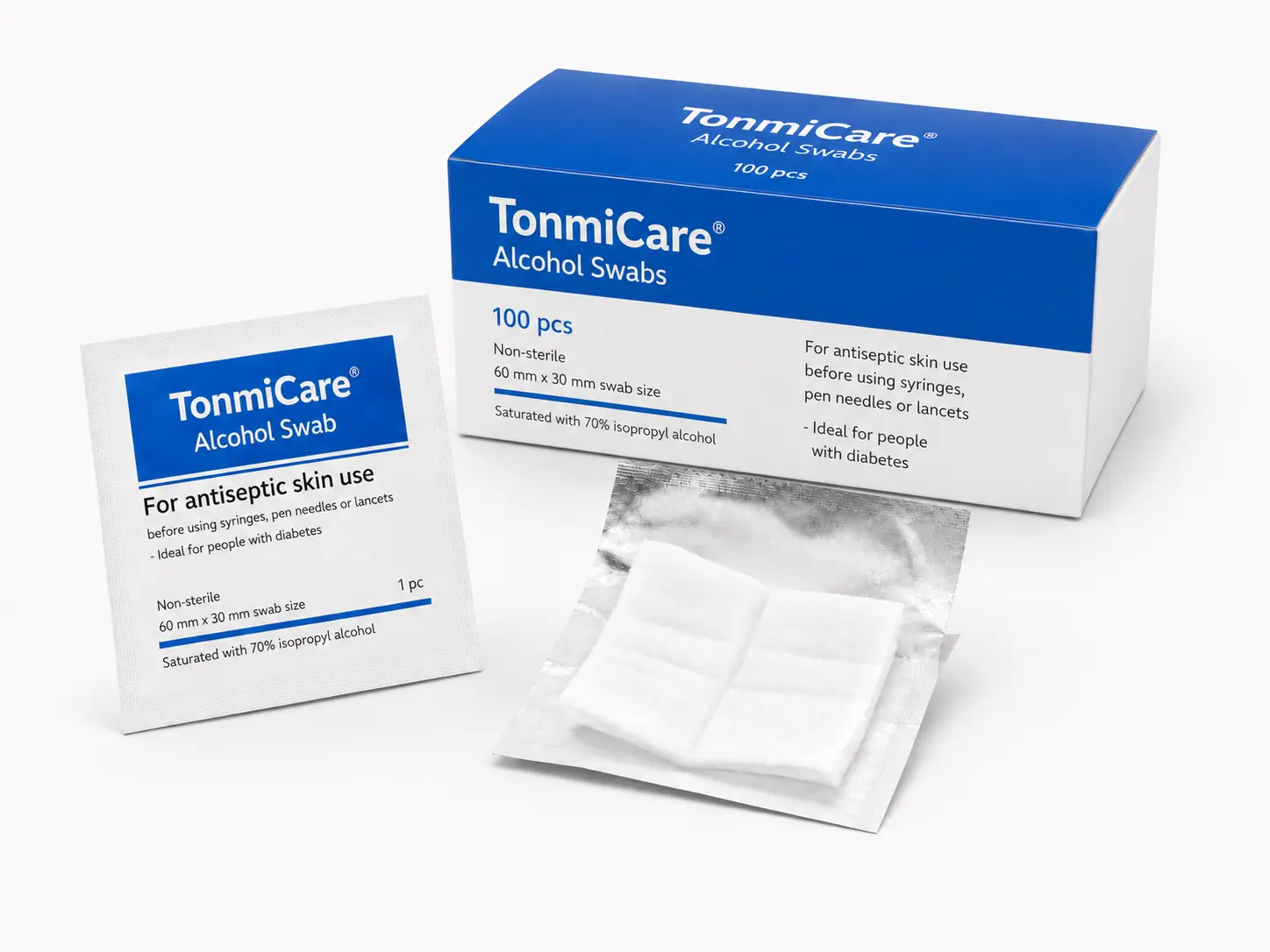 Alcohol prep pads saturated with 70 percent isopropyl alcohol