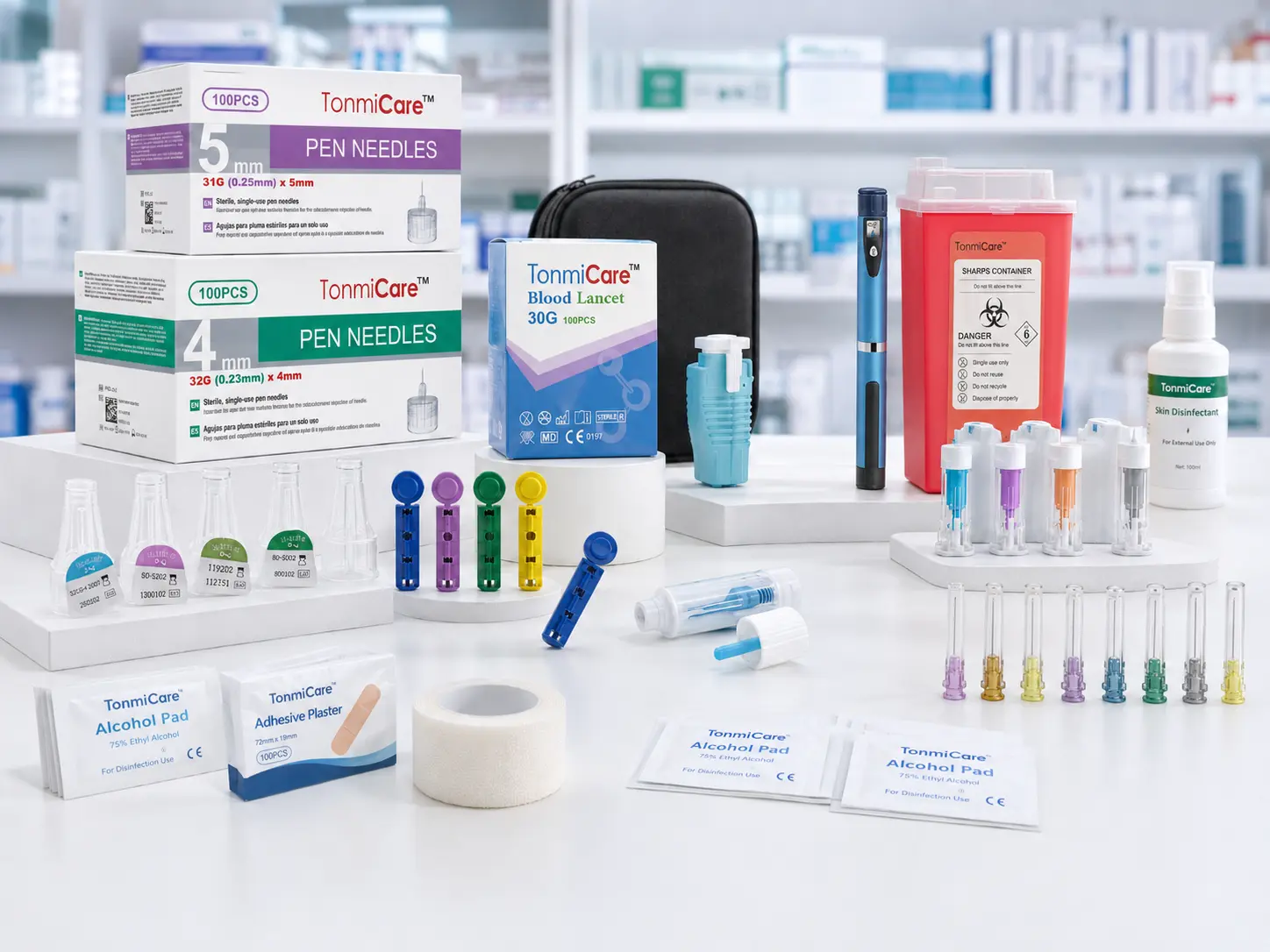 Diabetes care accessories including lancets and sharps containers