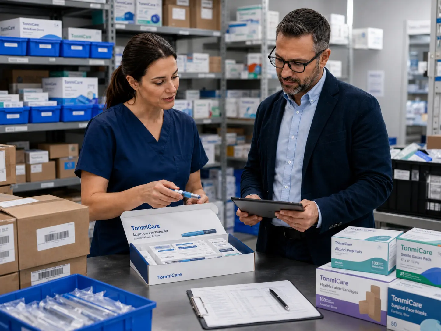 Healthcare procurement team reviewing GLP-1 injection-support supplies and product packaging