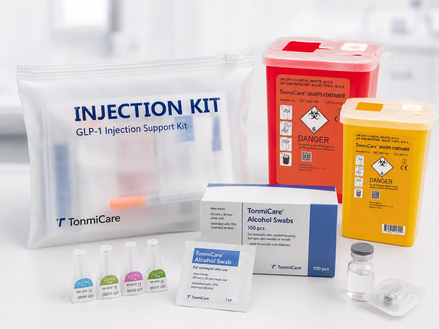 Representative TonmiCare injection-support supplies with packaging and compact sharps containers