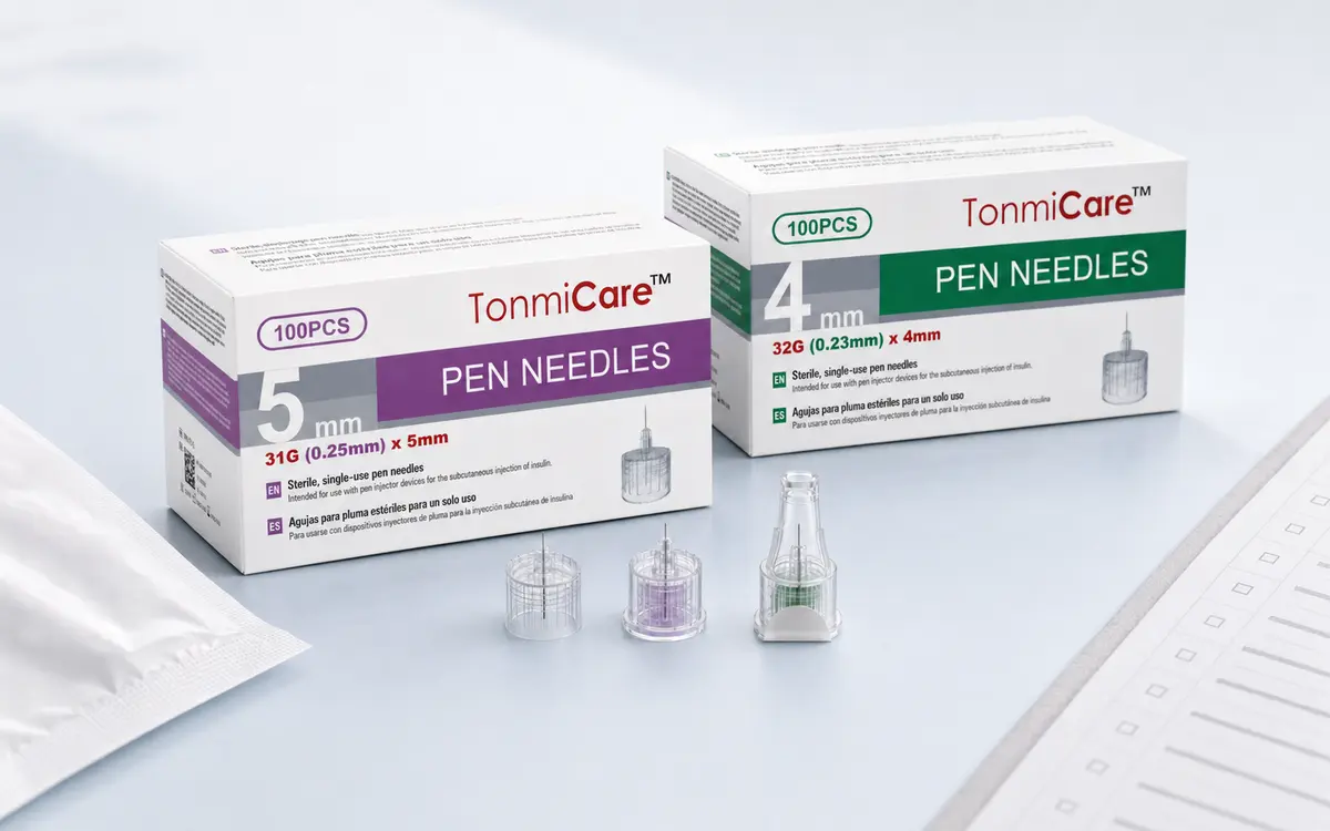 Tonmit 32G 4 mm and 31G 5 mm insulin pen needle packaging for SKU and compatibility review